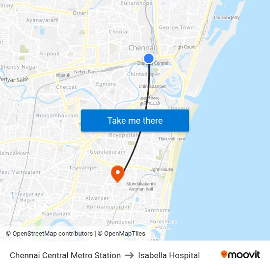 Chennai Central Metro Station to Isabella Hospital map