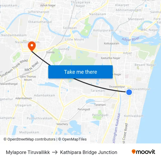 Mylapore Tiruvallikk to Kathipara Bridge Junction map