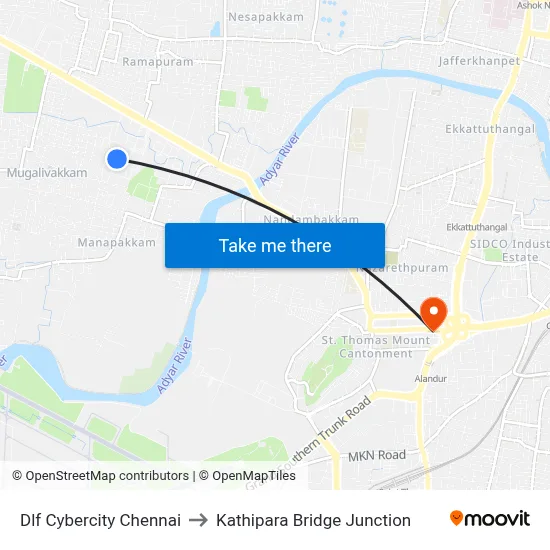 Dlf Cybercity Chennai to Kathipara Bridge Junction map