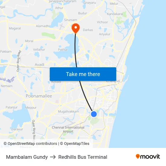 Mambalam Gundy to Redhills Bus Terminal map