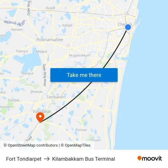 Fort Tondiarpet to Kilambakkam Bus Terminal map
