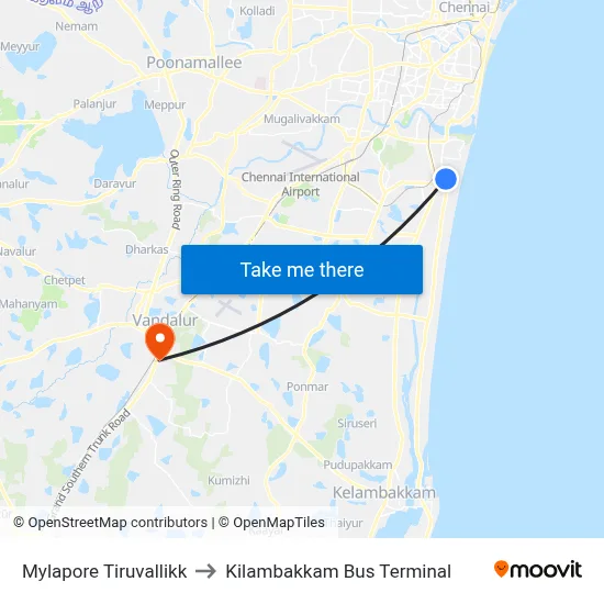Mylapore Tiruvallikk to Kilambakkam Bus Terminal map