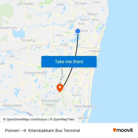Ponneri to Kilambakkam Bus Terminal map