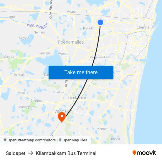Saidapet to Kilambakkam Bus Terminal map
