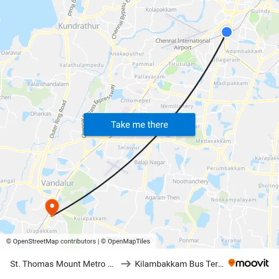 St. Thomas Mount Metro Station to Kilambakkam Bus Terminal map