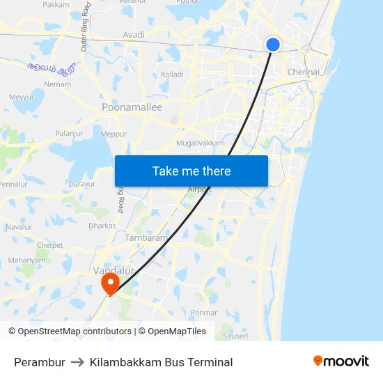 Perambur to Kilambakkam Bus Terminal map