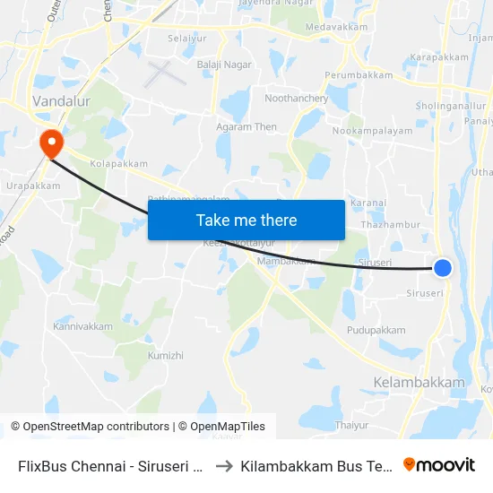 FlixBus Chennai - Siruseri SIPCOT to Kilambakkam Bus Terminal map