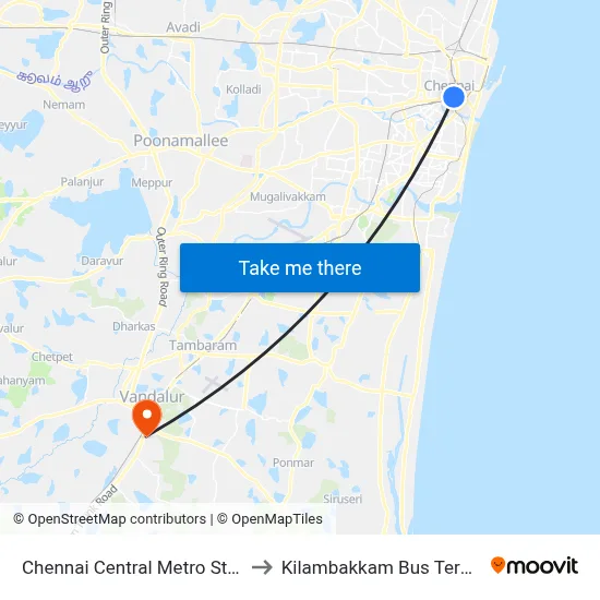 Chennai Central Metro Station to Kilambakkam Bus Terminal map