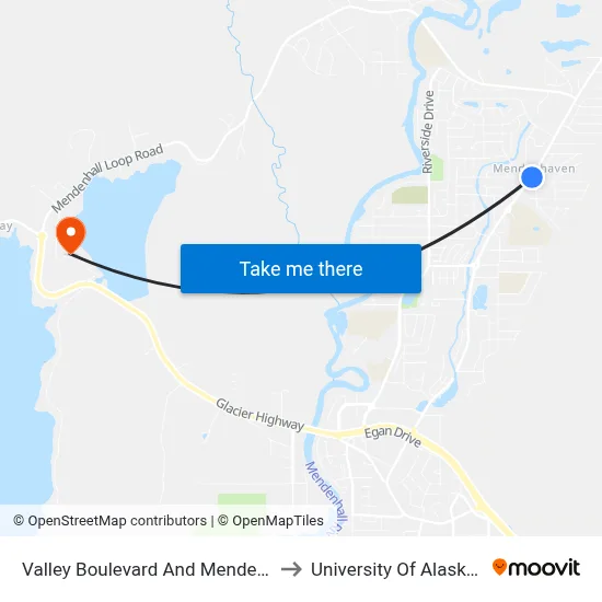 Valley Boulevard And Mendenhall Loop Road to University Of Alaska Southeast map
