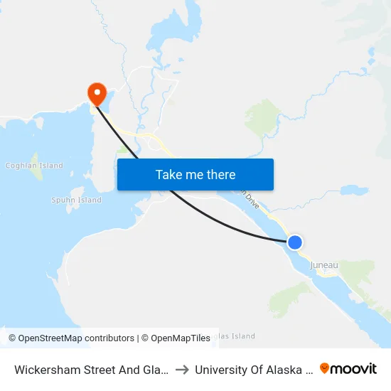 Wickersham Street And Glacier Highway to University Of Alaska Southeast map