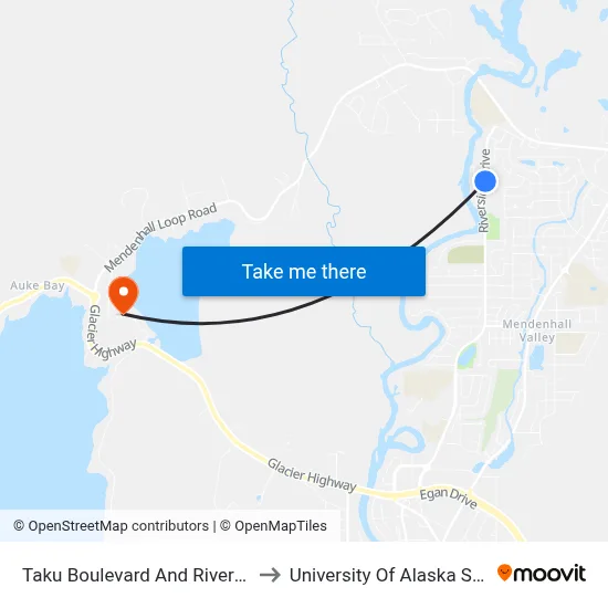 Taku Boulevard And Riverside Drive to University Of Alaska Southeast map