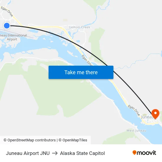Juneau Airport JNU to Alaska State Capitol map