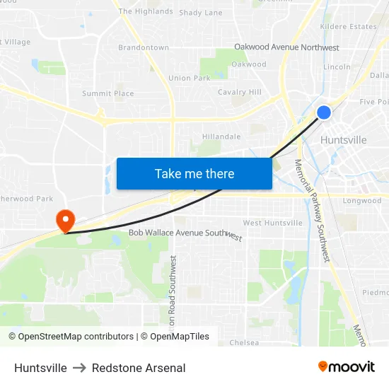 Huntsville to Redstone Arsenal map