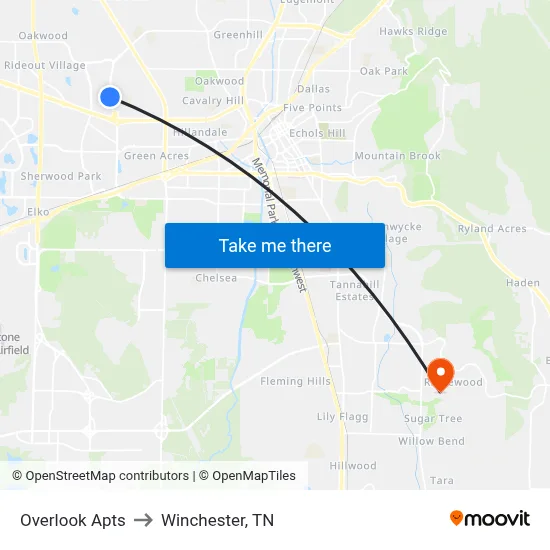 Overlook Apts to Winchester, TN map
