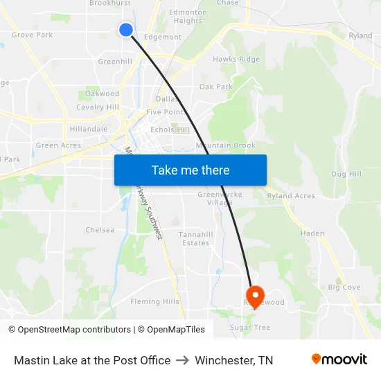 Mastin Lake at the Post Office to Winchester, TN map