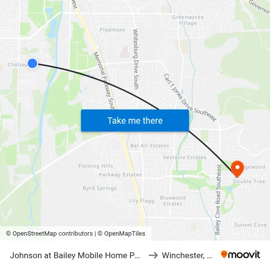 Johnson at Bailey Mobile Home Park to Winchester, TN map