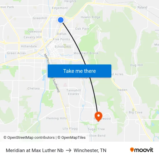 Meridian at Max Luther Nb to Winchester, TN map