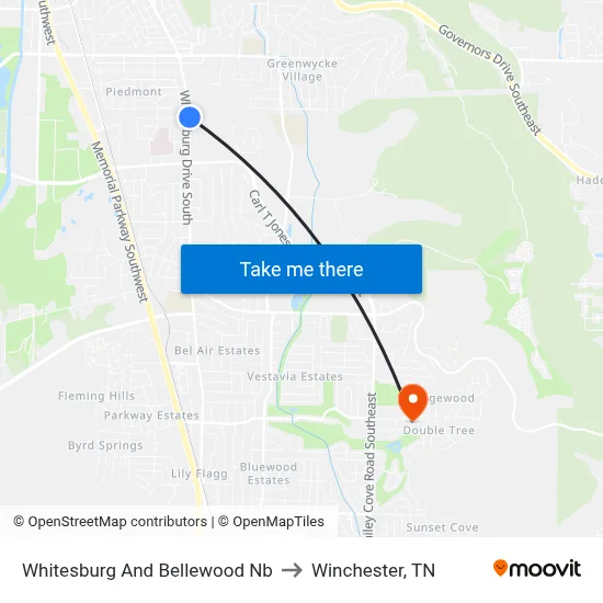 Whitesburg And Bellewood Nb to Winchester, TN map