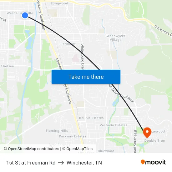 1st St at Freeman Rd to Winchester, TN map