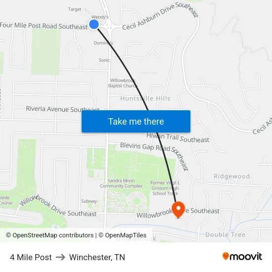 4 Mile Post to Winchester, TN map