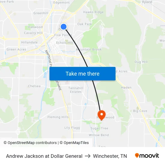 Andrew Jackson at Dollar General to Winchester, TN map
