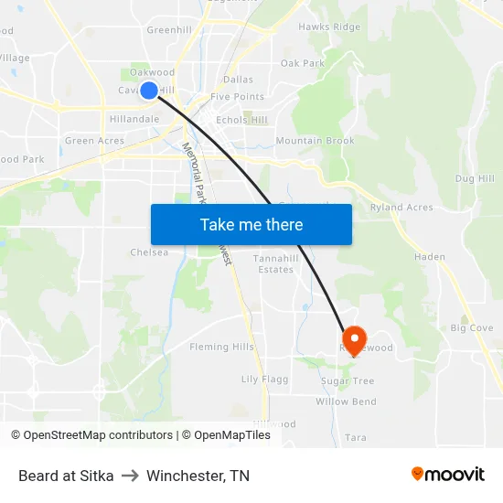 Beard at Sitka to Winchester, TN map