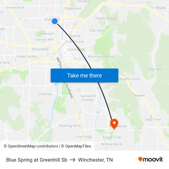 Blue Spring at Greenhill Sb to Winchester, TN map