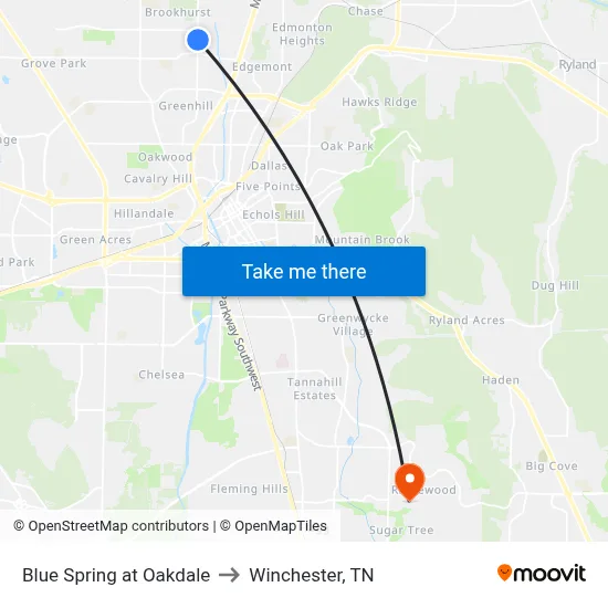 Blue Spring at Oakdale to Winchester, TN map