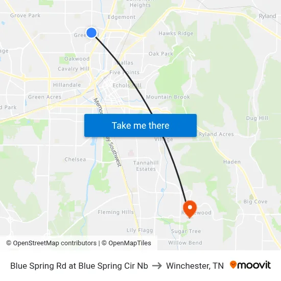 Blue Spring Rd at Blue Spring Cir Nb to Winchester, TN map