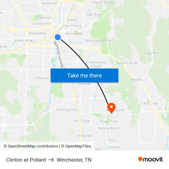 Clinton at Pollard to Winchester, TN map