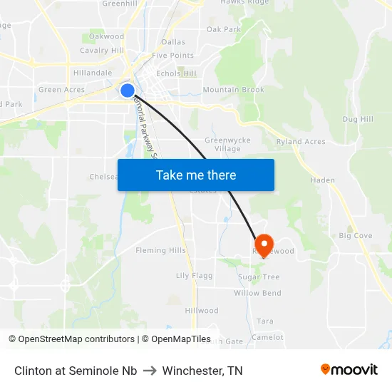 Clinton at Seminole Nb to Winchester, TN map