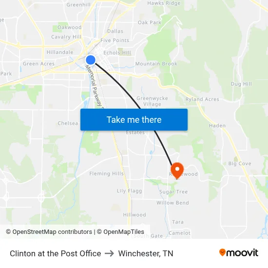 Clinton at the Post Office to Winchester, TN map