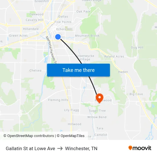 Gallatin St at Lowe Ave to Winchester, TN map