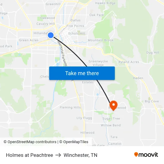 Holmes at Peachtree to Winchester, TN map