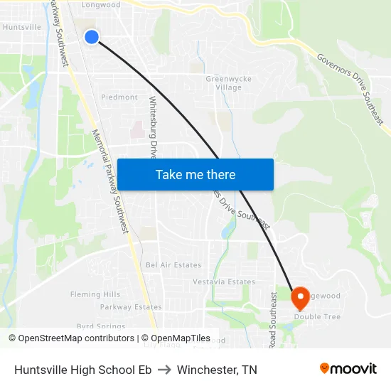 Huntsville High School Eb to Winchester, TN map