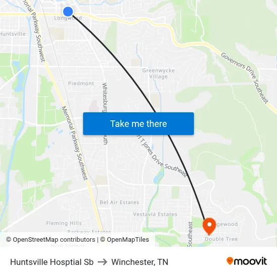 Huntsville Hosptial Sb to Winchester, TN map