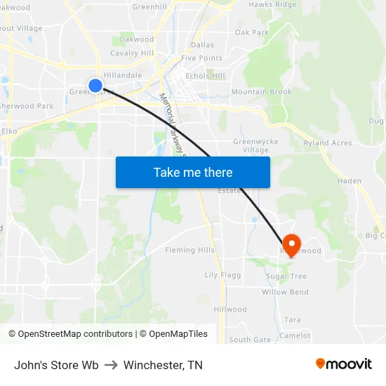 John's Store Wb to Winchester, TN map