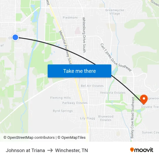 Johnson at Triana to Winchester, TN map