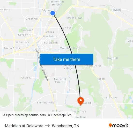 Meridian at Delaware to Winchester, TN map