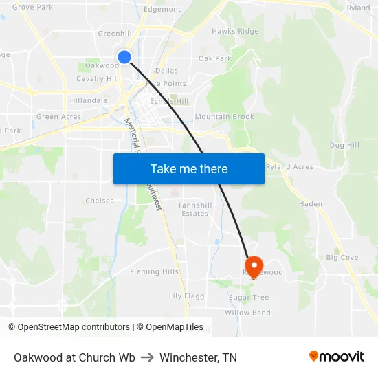 Oakwood at Church Wb to Winchester, TN map