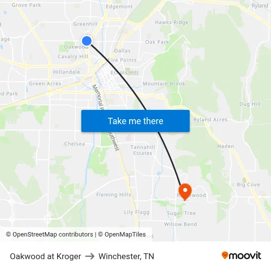 Oakwood at Kroger to Winchester, TN map