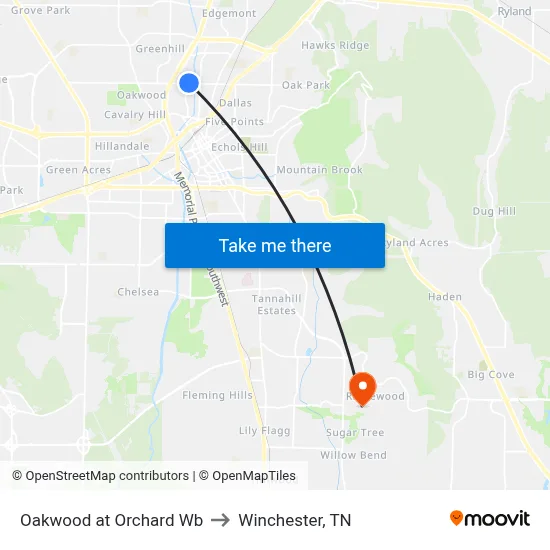 Oakwood at Orchard Wb to Winchester, TN map