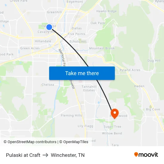 Pulaski at Craft to Winchester, TN map