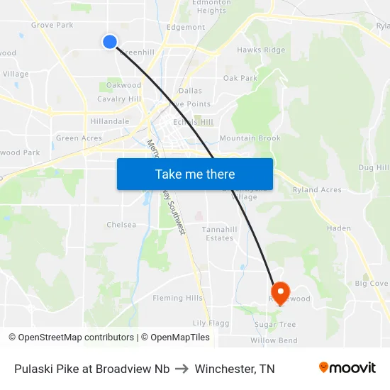 Pulaski Pike at Broadview Nb to Winchester, TN map