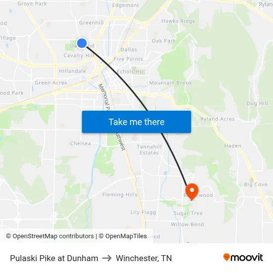 Pulaski Pike at Dunham to Winchester, TN map