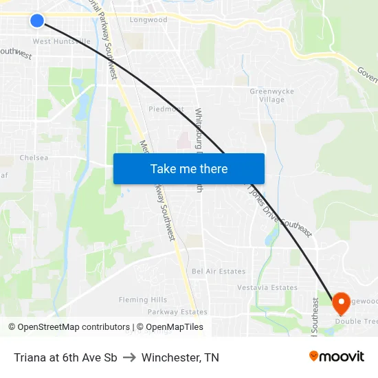 Triana at 6th Ave Sb to Winchester, TN map