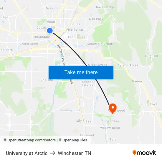 University at Arctic to Winchester, TN map