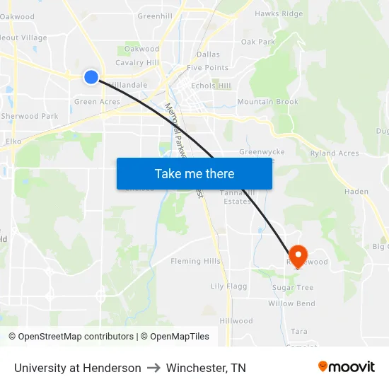 University at Henderson to Winchester, TN map
