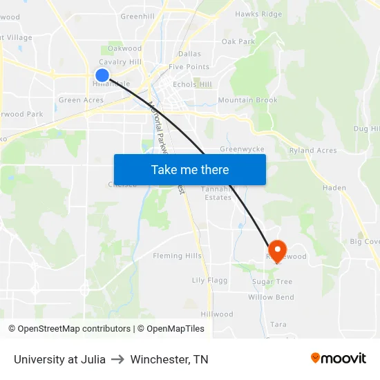 University at Julia to Winchester, TN map