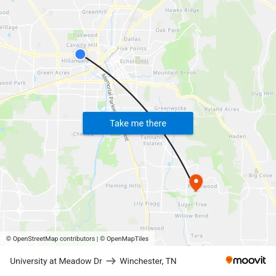 University at Meadow Dr to Winchester, TN map